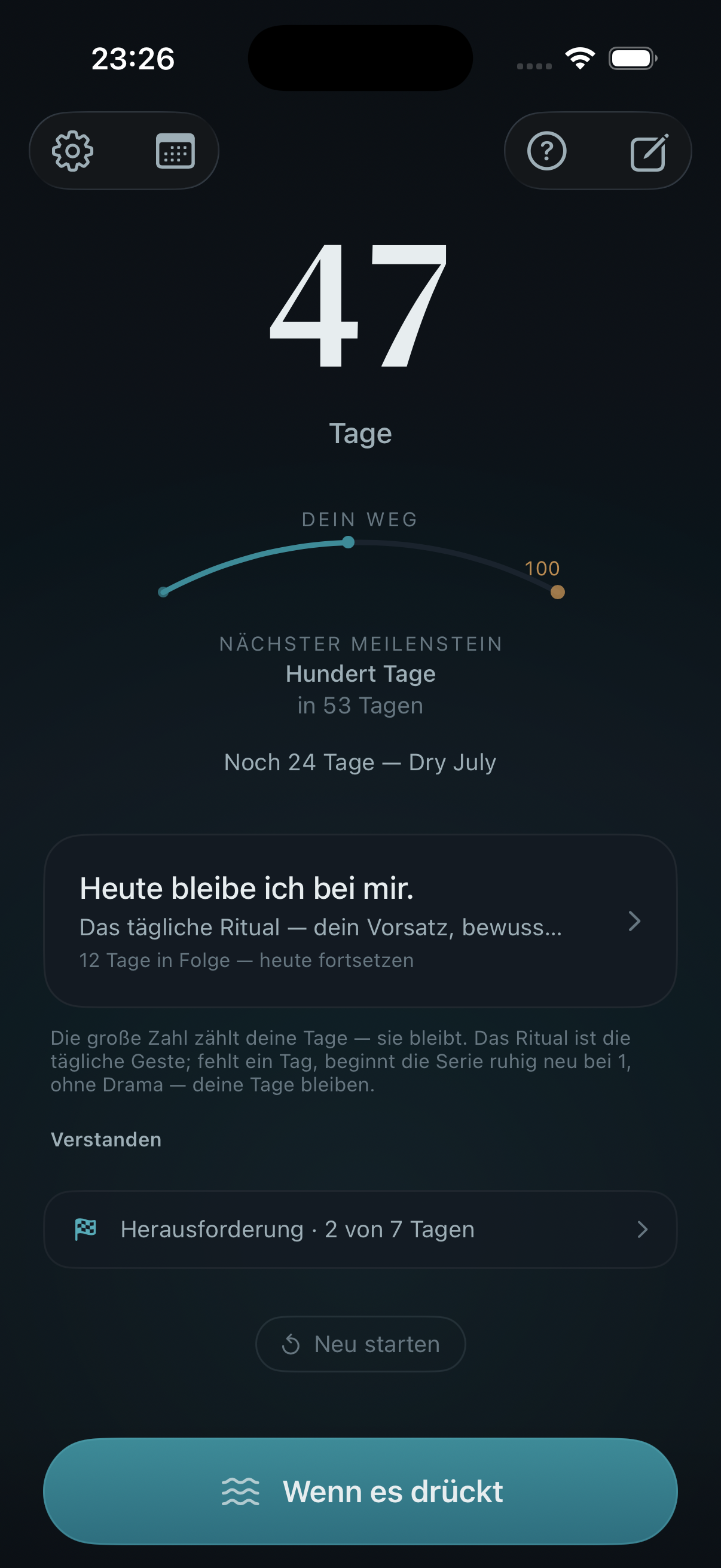 Fjara Startbildschirm mit den Tagen deines Weges